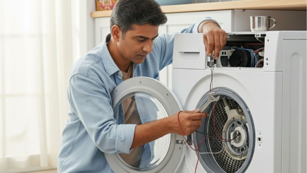 technician repairing washing machine