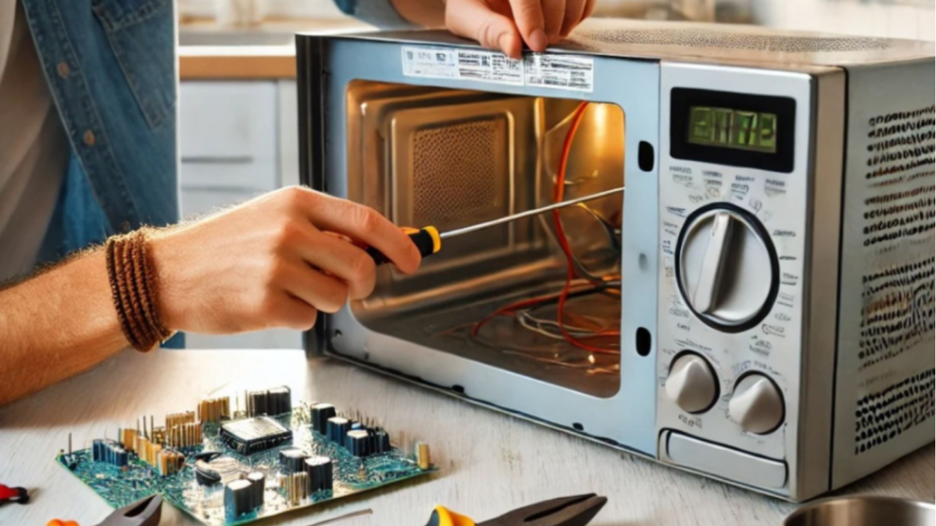 Microwave oven repair technician fixing kitchen appliance"